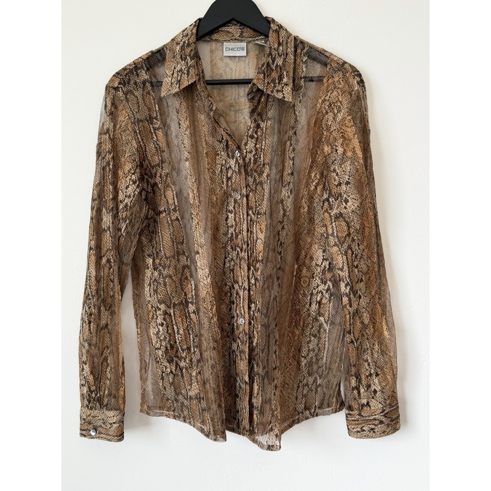 Chico's Sz 2 (M/L) Sheer Mesh Snakeskin Print Button Down Blouse Brown